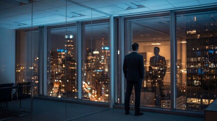 Businessman standing in office at night with city view.