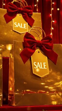 Festive Sale Shopping Bags - Close-up shot of gold shopping bags with red velvet bows and sale tags against a red backdrop with string lights.