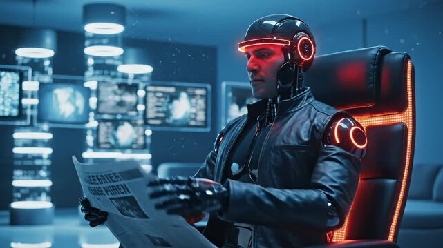 Cyborg reads newspaper in futuristic office. Robot man with glowing visor reads newspaper in chair. Humanoid cyborg with headset reads newspaper in high-tech room with monitors displaying data and map