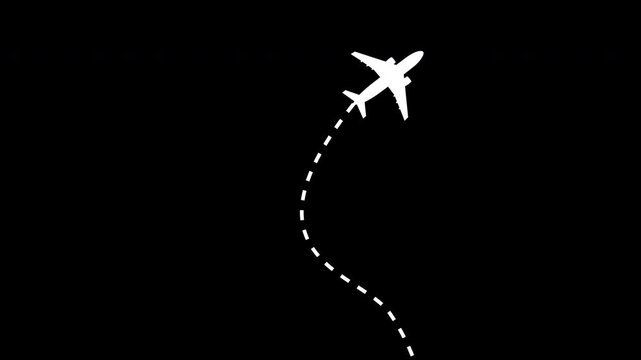Airplane line path icon animation. air plane flight route with dash line location to destination. 4K Transparent Background