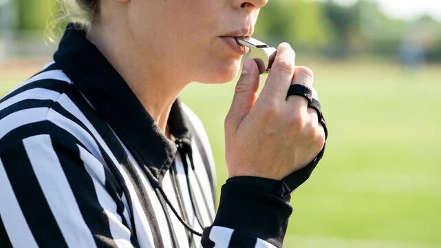 Unrecognizable female referee in a striped uniform blowing a metal whistle on a green sports field, making a call during a football match on a sunny day with shallow depth of field
