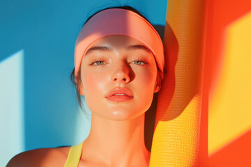 Young woman with pink headband and bright makeup looks confidently into the camera. A young woman with a pink headband and vibrant makeup poses against a colorful background, bathed in warm sunlight.