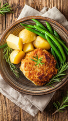 Homemade Meat Patties with Boiled Potatoes and Green Beans &ndash; Traditional Comfort Food. AI generative.