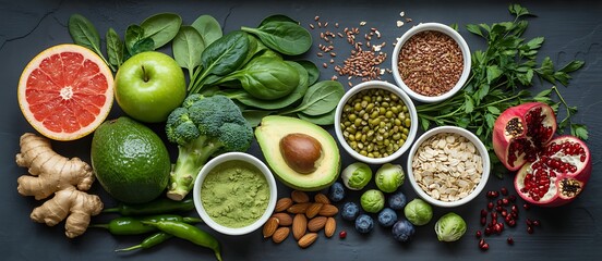 A vibrant assortment of fresh fruits vegetables nuts and seeds for healthy eating