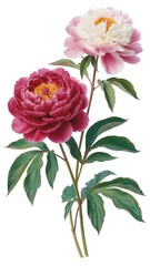 Vibrant pink and white peonies with lush green leaves on white