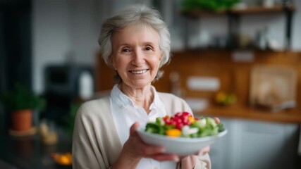 Elderly woman smiling joyfully while holding a colorful Buddha bowl filled with fresh vegetables, cozy kitchen setting, natural lighting, wholesome and healthy lifestyle vibe