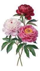 Vibrant peonies in bloom with lush green leaves on white