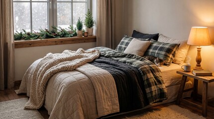 Cozy bedroom with plaid bedding and lamp.