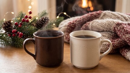 Cozy coffee mugs by fireplace warm winter morning.