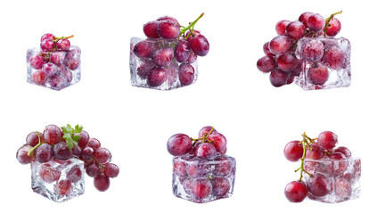 Red grapes in ice cubes isolated.