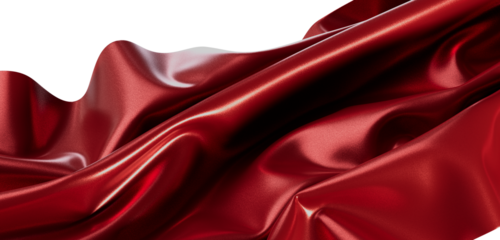 Luxurious red satin cloth in motion, showing silky texture with delicate folds and highlights, perfect for design and ba