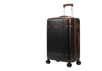 Pristine black hardshell travel suitcase with dark brown leather accents and silver handle, against a transparent background, soft studio light, concept of premium travel essential