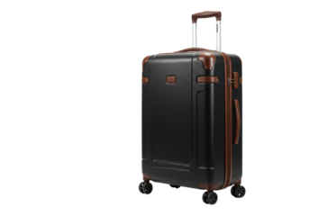 Pristine black hardshell travel suitcase with dark brown leather accents and silver handle, against a transparent background, soft studio light, concept of premium travel essential