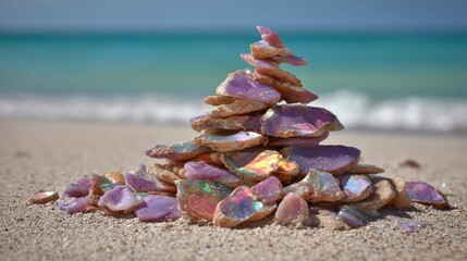 Stack of Smooth Iridescent Mother-of-Pearl Fragments on a Sandy Beach Shoreline