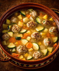 Hearty Meatball Vegetable Soup in Rustic Pot &ndash; Generative AI