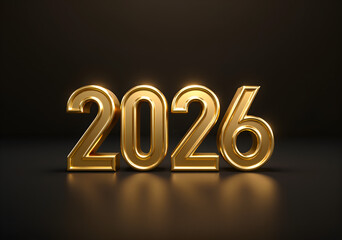 Minimalist luxurious New Year 2026 design, metallic gold, clean modern composition, glowing golden numbers &ldquo;2026&rdquo;, dark elegant background, high-end branding style, prosperity, confidence, success