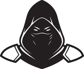 Dark Hooded Assassin with Shoulder Armor. Black and White Vector Masked Ninja Warrior Logo PNG Stock Illustration