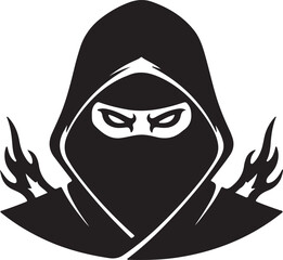 Fierce Hooded Ninja Assassin with Tribal Flames - Black and White Vector Masked Warrior Logo PNG Stock Illustration