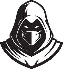 Mysterious Hooded Ninja Warrior with Glowing Eyes - Black and White Vector Masked Assassin Logo PNG Stock Illustration