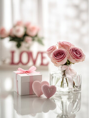 Romantic Pink Roses Gift Scene &ndash; Generative AI