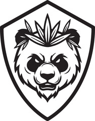 Fierce Angry Panda Head with Cannabis Leaf Crown and Shield Emblem. Black and White Vector Mascot Logo for Gaming, Esports, Weed Culture, and Branding