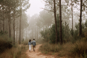 Obraz premium couple walking slowly, Pair Strolling Along a Trail Surrounded by Tall Trees in Misty Atmosphere