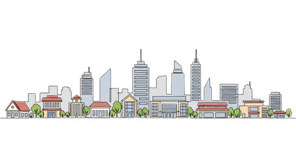 Naklejka premium Cityscape illustration featuring modern and traditional buildings with trees in the foreground