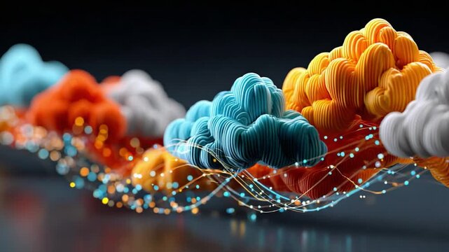 Cloud Data Stream: An abstract rendering of a cloud data stream, with vibrant, color-coded clouds connected by shimmering digital threads, visualizing the flow of information across a network.