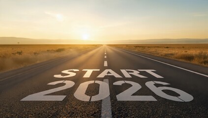 Naklejka premium Open road with START 2026 painted toward the vanishing point at sunset, representing a fresh journey, planning, resolutions, and the beginning of the New Year.