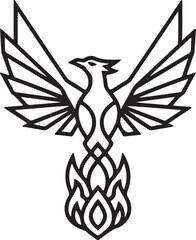 Geometric Minimalist Phoenix Rising from Flames Logo.  Black and White Vector Illustration PNG