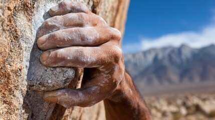 Close Up of Chalked Hand Grip on Granite Rock Face