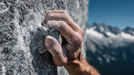 Athlete Hand Gripping Steep Rock Wall During Outdoor Climb