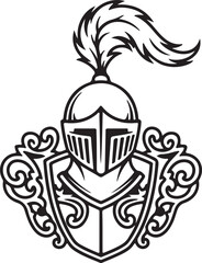 Medieval Knight Helmet with Plume and Ornate Heraldic Shield Crest. Black and White Vector Illustration, Royalty-Free Stock Graphic for Heraldry, Coat of Arms, Logo Design