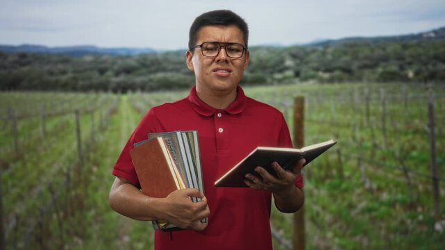 Young man wearing red polo and glasses holding several books and reading from an open notebook in a forest vineyard; study concentration.