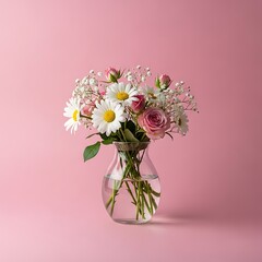 Beautiful floral arrangement in a glass vase on a pink background.