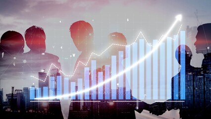 Businesspeople silhouettes engaged in discussion with financial graph overlay, representing teamwork and growth in an urban setting during evening hours. Copula