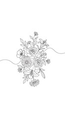 Elegant Floral Arrangement - Detailed Line Art on White Background.