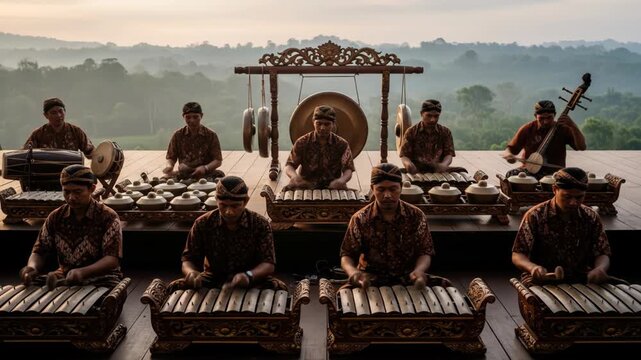 Traditional Indonesian Gamelan Orchestra Performing Outdoors at Sunset.