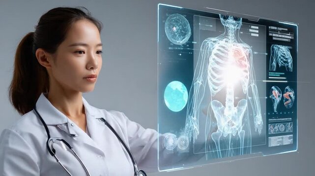 Modern Healthcare: A dedicated medical professional utilizes cutting-edge technology, examining a detailed anatomical visualization to enhance diagnostic capabilities and patient care. 