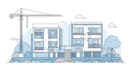 A crane lifting materials beside modern buildings under construction with trees nearby