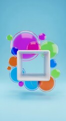 Abstract composition with colorful spheres and a white square frame.