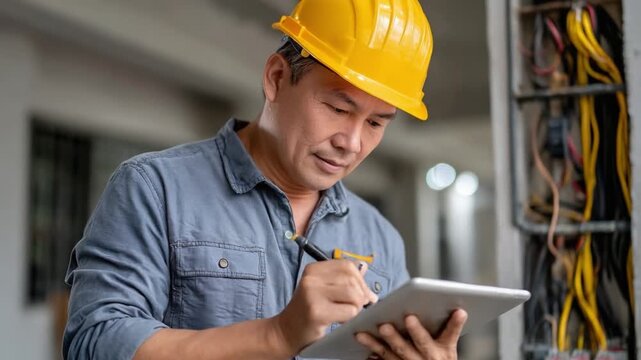 Construction Professional at Work: A construction professional in a yellow helmet inspects and documents electrical wiring with precision and focus, showcasing expertise and commitment to safety.
