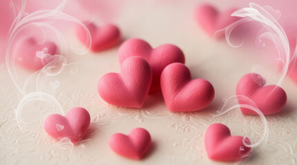 Pink fabric hearts arranged on light textured surface with soft glow and airy swirls. Romantic love background for valentine, wedding, greeting cards and messages