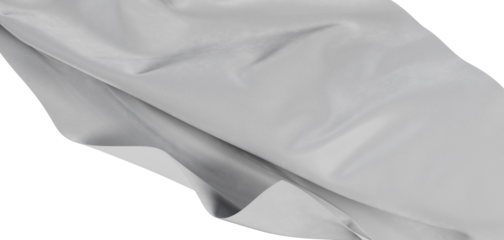 Close-up of a delicate, flowing silver fabric, featuring textured wrinkles and soft folds. Captures light and shadow pla