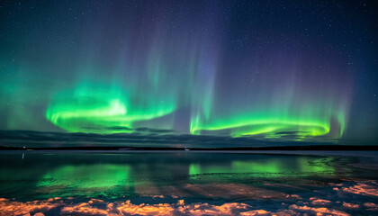 Spectacular display of the Aurora Borealis dancing over a frozen lake reflecting its vibrant green and purple lights
