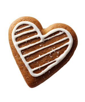 Heart shaped gingerbread cookie with white icing and sugar crystals on black background