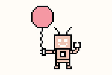 Fototapeta premium Cartoon pixel art cute humanoid robot toy robotic engineer bot machine business vector character automation electronic background 8 bit artificial intelligence android digital.
