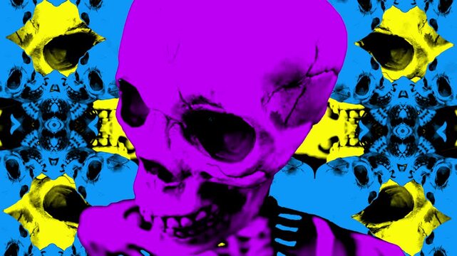 Purple, blue and yellow skeletons looped into a dancing or headbanging motion with kaleidoscope effect background.