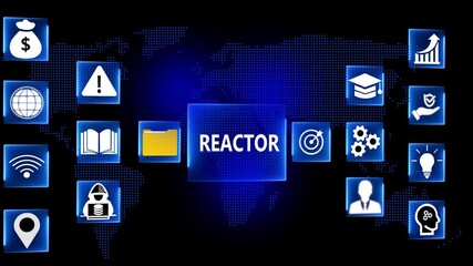 Futuristic digital interface with glowing icons surrounding a stylized earth and central reactor graphic representing global technology innovation and scientific advancement - Powered by Adobe