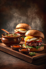 Double Cheeseburger on Wooden Board &ndash; Generative AI